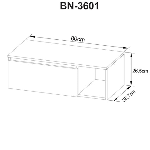 Balcão Gabinete Suspenso para Banheiro com 1 Porta e Nicho Lateral Amêndoa 80X26,5cm Sem Cuba