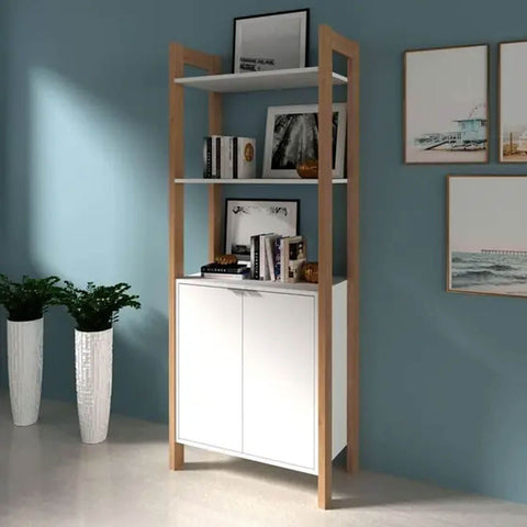 Estante Livros Multiuso 35,5x65x165,5cm 2 Portas Prateleira Amêndoa Branco Tecnomobili AZ1009