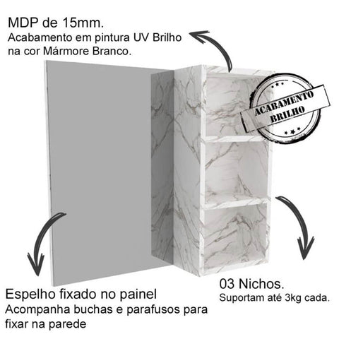 Armário com Espelho 15,5x60x54cm Suspenso Banheiro 60cm Nichos Mármore Branco BN3609