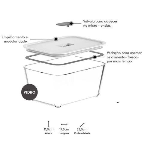 Kit 4 Potes De Vidro Hermético 2400ml Fresh Lock Branco com Tampa para Forno Microondas