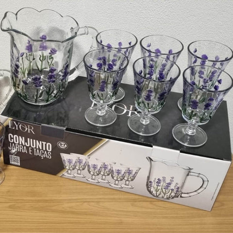 Conjunto Jarra 1,5L e 6 Taças 240ml de Cristal Lyor Lavanda Hand Painting Para Sucos Água