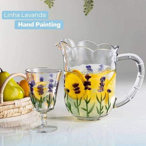 Conjunto Jarra 1,5L e 6 Taças 240ml de Cristal Lyor Lavanda Hand Painting Para Sucos Água