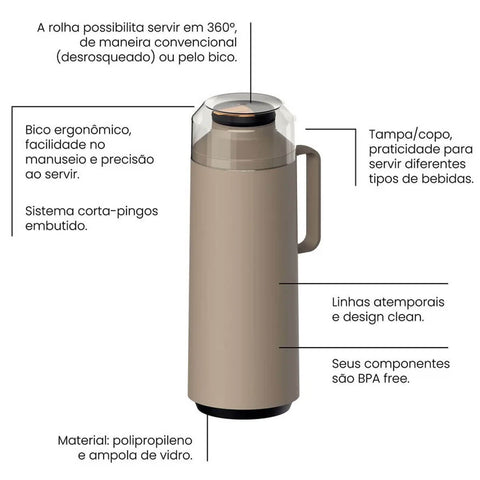 Garrafa Térmica Tramontina Exata em Plástico Bege com Ampola de Vidro 1L Bule Térmico Servir Café