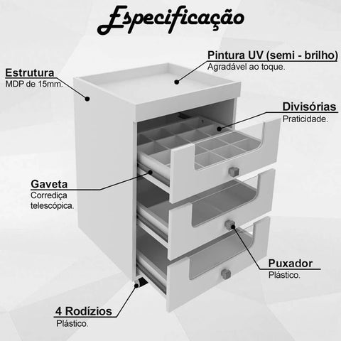 Carrinho Organizador Multiuso de Maquiagem com 3 Gavetas e Rodízio Branca PE2013 Tecnomobili