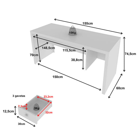 Mesa Escrivaninha com 3 Gavetas para Escritório 155cm ME4113 Branco Tecnomobili Home Office