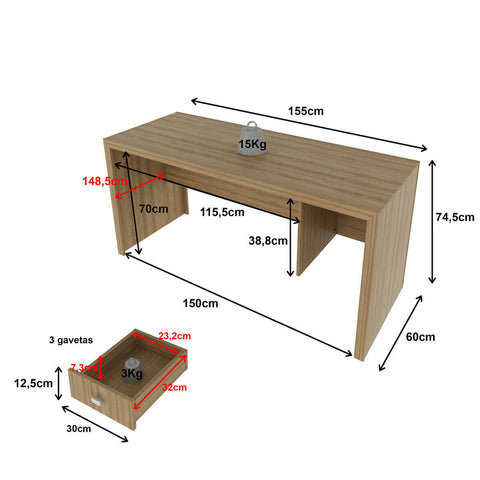 Escrivaninha Mesa para Escritório 155cm com 3 Gavetas Amêndoa ME4113 Tecnomobili Home Office