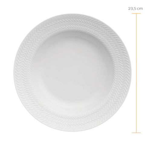 Prato Fundo Redondo 23,5cm Porcelana Relevo Chevron Germer Branco Mesa Posta