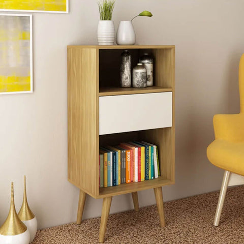 Estante Baixa para Sala Organizar Livros com 1 Gaveta E1715 Amêndoa e Off White Tecnomobili