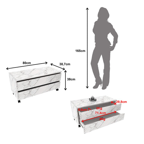 Balcão Gabinete para Banheiro 80cm com Rodízio e 2 Gavetas BN3603 Mármore Branco Sem Cuba