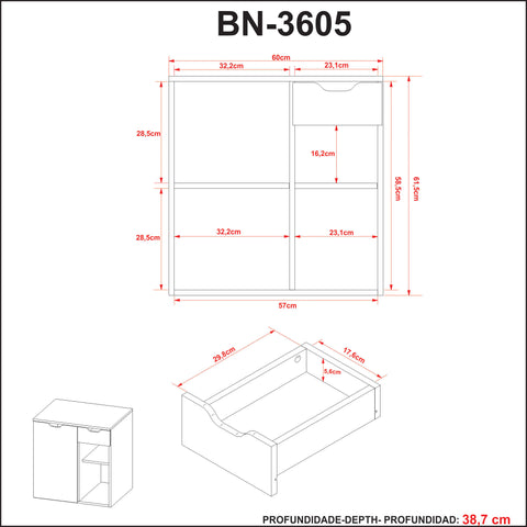 Balcão Gabinete para Banheiro Suspenso 60cm com 1 Gaveta e 1 Porta BN3605 Amêndoa Branco SEM CUBA