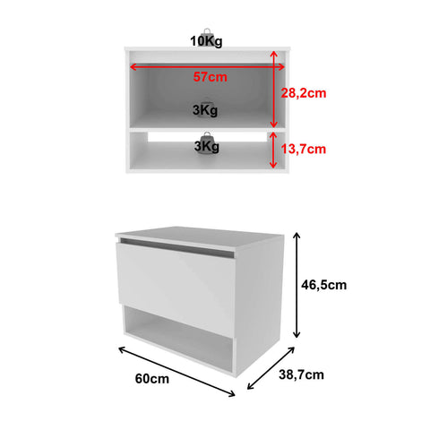 Balcão Gabinete Suspenso para Banheiro 60cm com 1 Porta e Nicho BN3606 Branco SEM CUBA