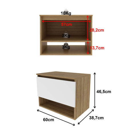 Balcão Gabinete Suspenso para Banheiro 60cm com 1 Porta e Nicho BN3606 Amêndoa Branco SEM CUBA