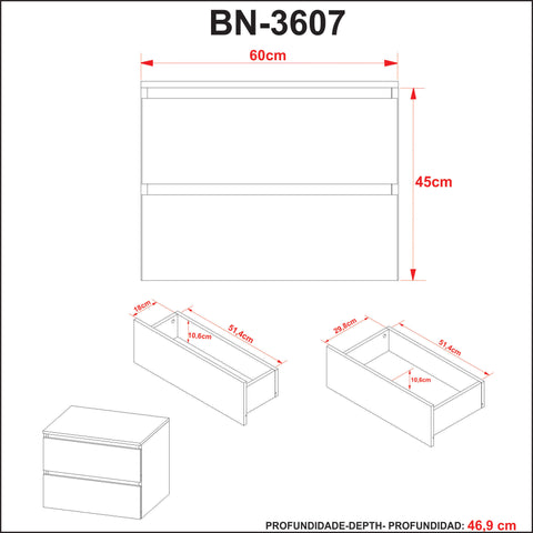 Balcão Gabinete Suspenso para Banheiro 60cm com 2 Gavetas BN3607 Mármore Branco- SEM CUBA