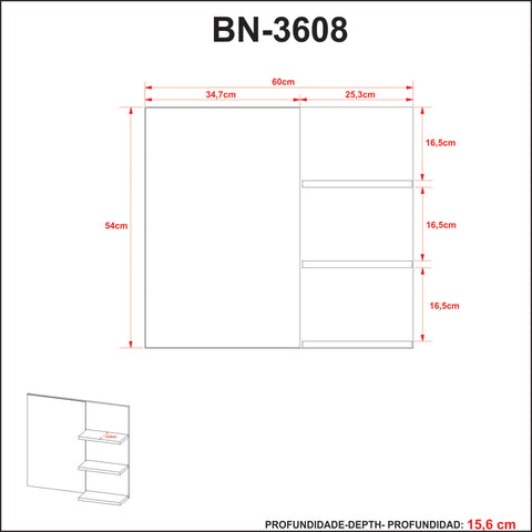 Espelheira Suspensa para Banheiro 60cm com 3 Prateleiras BN3608 Mármore Lunar