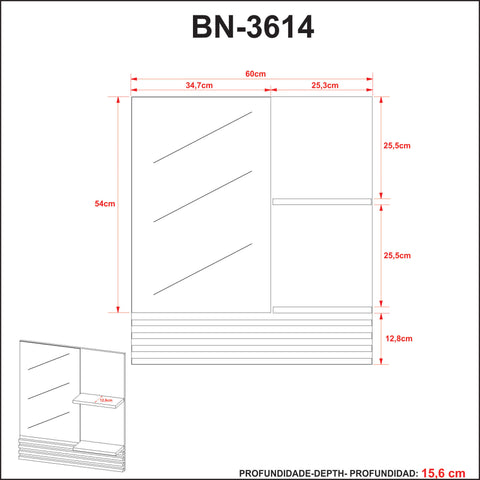 Espelheira Suspensa para Banheiro 60cm com 2 Prateleiras BN3614 Amêndoa/Mármore Branco