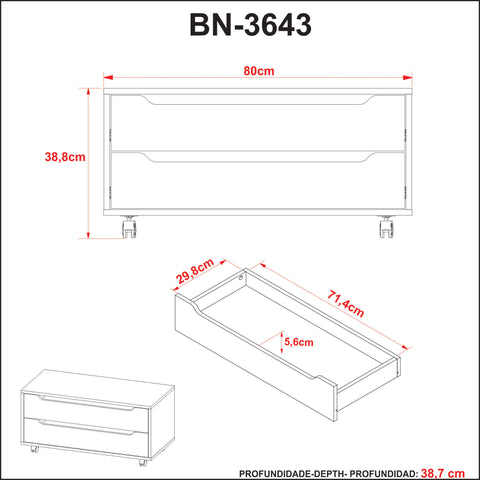 Balcão Gabinete 80cm com 2 Gavetas e Rodízio BN3643 Amêndoa/Branco Tecnomobili