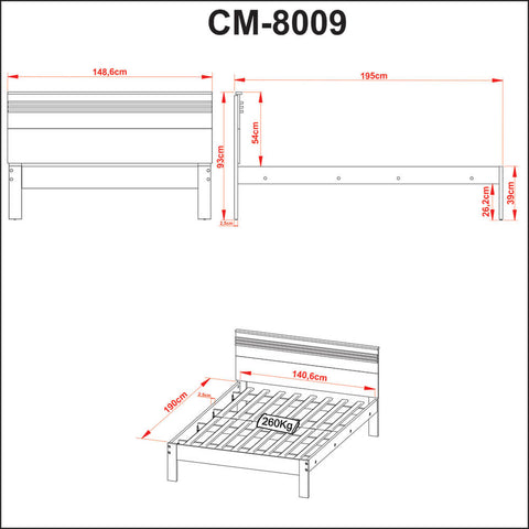 Cama de Casal CM8009 Para Colchão de 138x188cm Nogal/Branco Tecnomobili