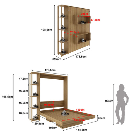 Cama Articulada de Casal com 4 Prateleiras e 2 Nichos CM8014 Amêndoa Tecnomobili