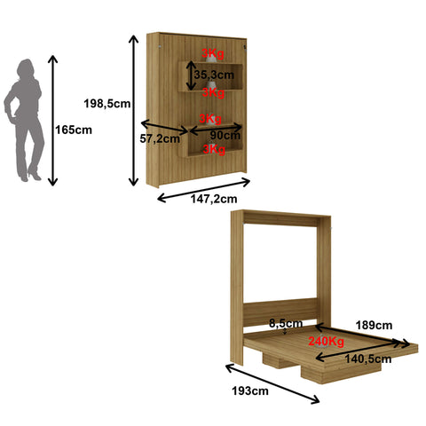 Cama Retrátil de Parede Articulada Casal 147,2x198,5cm Amêndoa Tecnomobili CM8016 Nichos