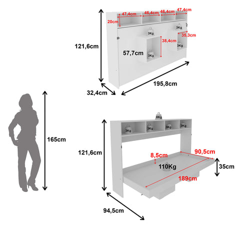 Cama Retrátil 94,5x195,5x121,5cm Horizontal Solteiro Branca Nichos CM8020 Tecnomobili