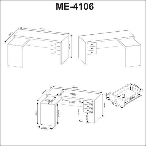 Mesa para Escritório com Mesa de Apoio e 3 Gavetas ME4106 Rústico Tecnomobili