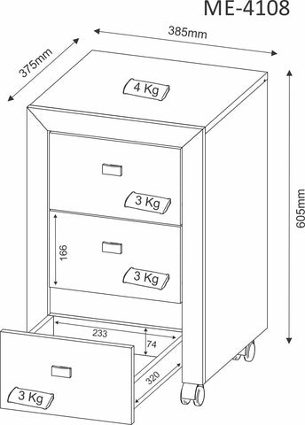 Gaveteiro Escritório 38,5x37,5x60,5cm 3 Gavetas Rodízio Multiuso Home Office Cômoda ME4108 Branco Tecnomobili