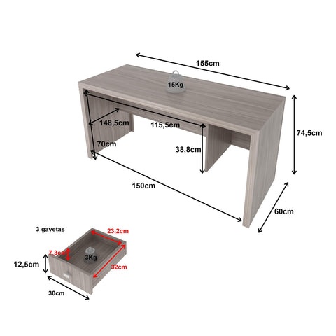 Mesa para Escritório 155cm com 3 Gavetas ME4113 Carvalho Tecnomobili