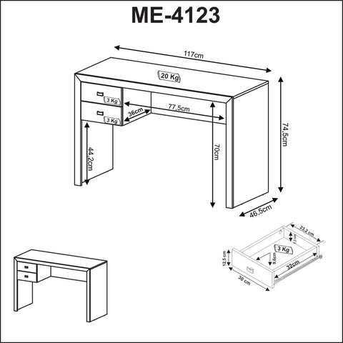 Mesa para Escritório 117cm com 2 gavetas ME4123 Branco Tecnomobili