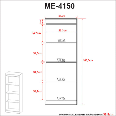 Armário Estante para Escritório com 4 Prateleiras ME4150 Branco Tecnomobili