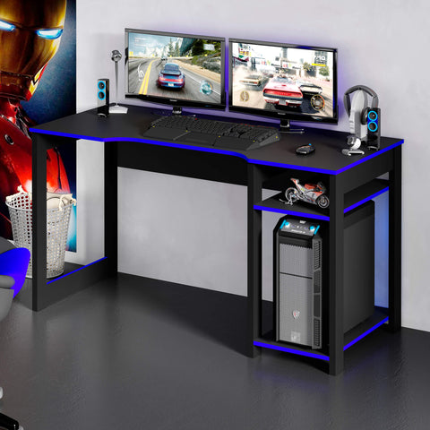 Mesa Gamer 136cm com 2 Prateleiras e Porta CPU ME4152 Preto/Azul Tecnomobili