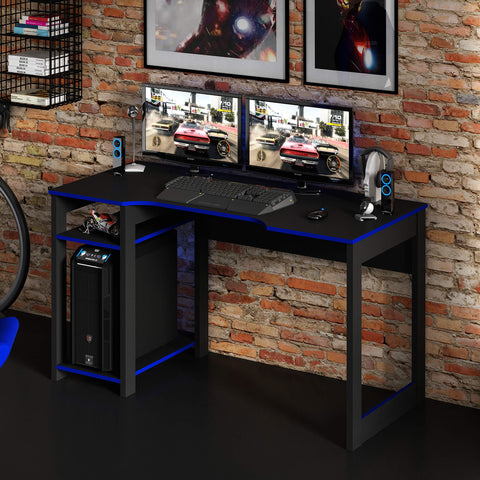 Mesa Gamer 136cm com 2 Prateleiras e Porta CPU ME4152 Preto/Azul Tecnomobili