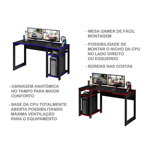 Mesa Gamer 136cm com 2 Prateleiras e Porta CPU ME4152 Preto/Azul Tecnomobili