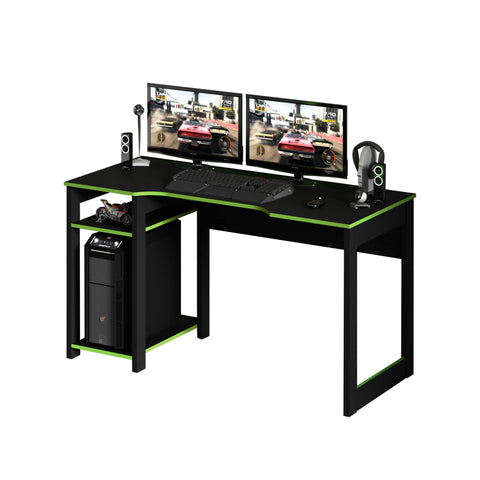 Mesa Gamer 136cm com 2 Prateleiras e Porta CPU ME4152 Preto/Verde Tecnomobili