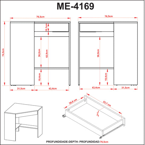 Mesa Escrivaninha de Canto com 1 Gaveta ME4169 Amêndoa Tecnomobili