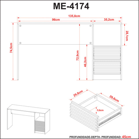 Escrivaninha Mesa Escritório Home Office 135,8x45x74,5cm 2 Gavetas ME4174 Branco Tecnomobili