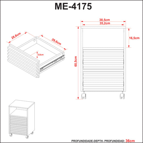 Gaveteiro com 2 Gavetas e Rodízio ME4175 Branco Tecnomobili