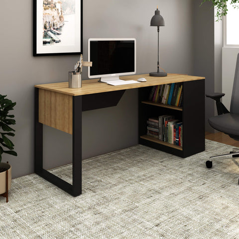 Mesa Para Escritório 160cm com 2 Prateleiras Amêndoa/Preto Tecnomobili