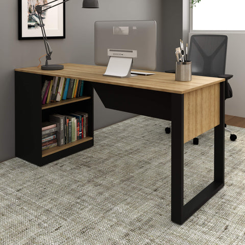 Mesa Para Escritório 160cm com 2 Prateleiras Amêndoa/Preto Tecnomobili