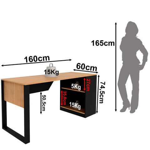 Mesa Para Escritório 160cm com 2 Prateleiras Amêndoa/Preto Tecnomobili