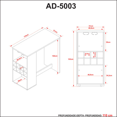 Bancada de Cozinha Adega Porta Taças 51x110x103cm Branca Amêndoa AD5003 Tecnomobili