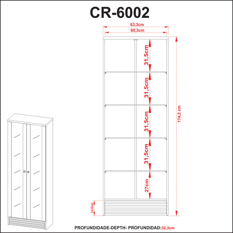 Cristaleira Amêndoa com 2 Portas e Prateleira em Vidro CR6002 Tecnomobili