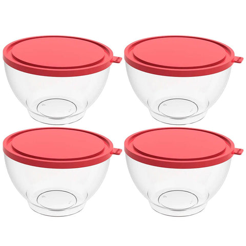 4 Potes com Tampa 3,1L Redondo Hermético Bacia Alimentos Frutas Transparente e Vermelho Crippa