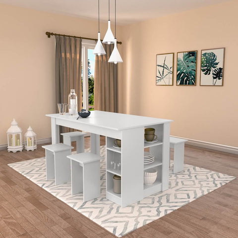 Conjunto Mesa com Nichos e 4 Bancos Nova Mobile Branco