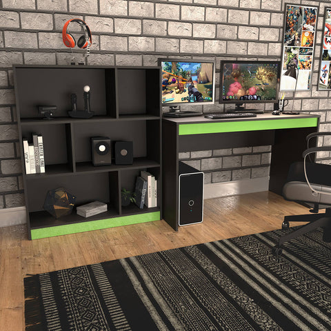 Conjunto Gamer Mesa e Estante Nova Mobile Preto e Verde