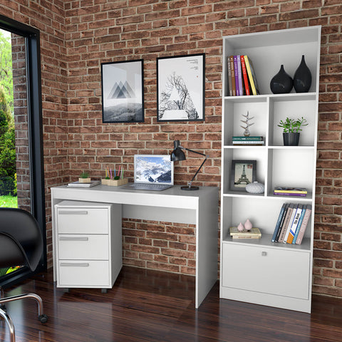 Conjunto Mesa, Gaveteiro e Livreiro Home Office Nova Mobile Branco