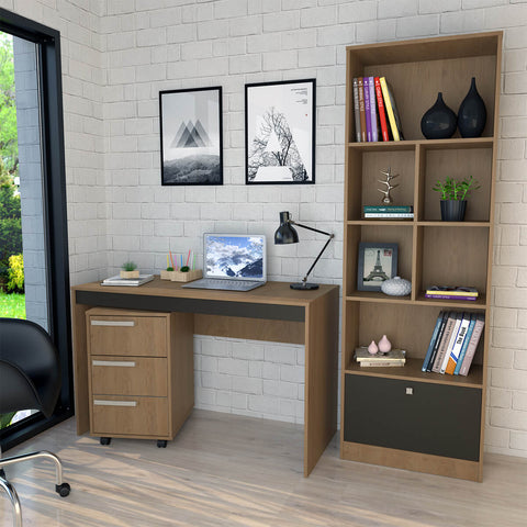 Conjunto Mesa, Gaveteiro e Livreiro Home Office Nova Mobile Mel e Preto