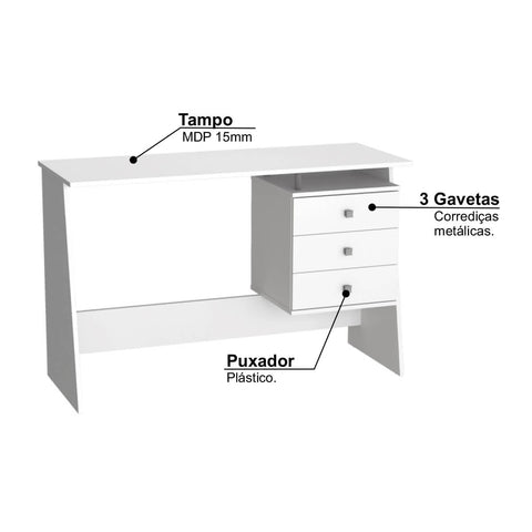 Escrivaninha Maceió com 3 Gavetas Nova Mobile Branco