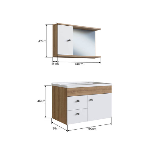 Gabinete Para Banheiro Suspenso 60CM com Lavatorio e Espelheira Mel Branco CLVP02 Versato Nova Móbile