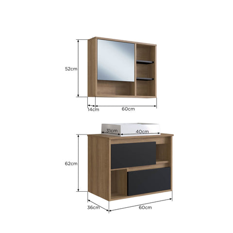 Gabinete Para Banheiro Suspenso 60CM com Cuba e Espelheira Mel Preto CLVP03 Versato Nova Móbile