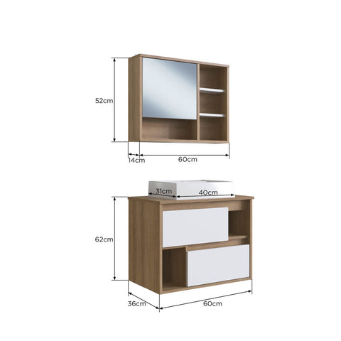 Gabinete Para Banheiro Suspenso 60CM com Cuba e Espelheira Mel Branco CLVP03 Versato Nova Móbile